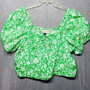 Universal Thread Womens Lg Square Neck Puff Sleeve Tie Crop Top Green Floral